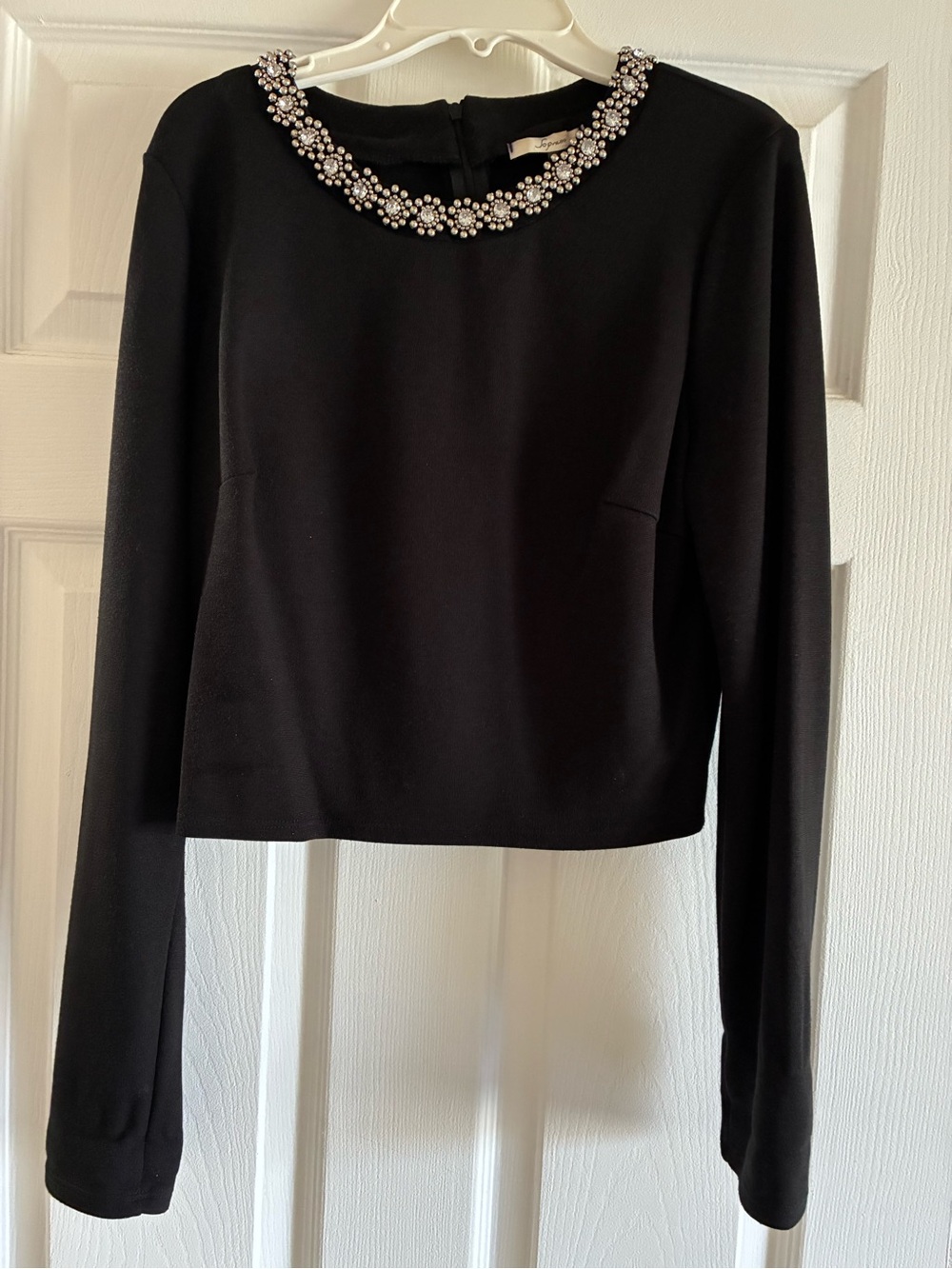 Soprano Black Long-Sleeve Jewel-Embellished Neck Top